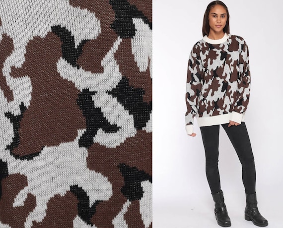 Camo Sweater Army Sweater Military 80s Camouflage Brown White Camp Commando Pullover Jumper Knit Sweater 1980s Vintage Extra Large xl
