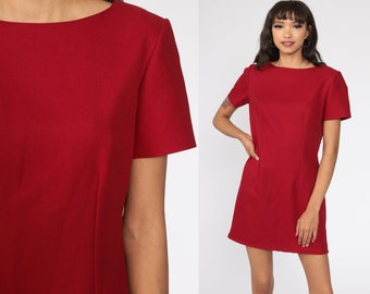 Red Mini Dress Shift Dress 90s Dress Short Sleeve Vintage 1990s Simple Plain Minimalist Normcore Medium