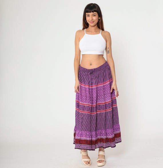 Vintage Purple Broomstick Skirt Indian Boho Hippie Maxi Skirt Geometric 90s Bohemian High Waist Peasant Skirt Extra Large xl 16W