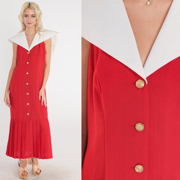 Sailor Collar Dress 80s Red Sundress Collared Button up Day Dress Bow Back Sleeveless Retro Ankle Length Maxi Summer Vintage 1980s Medium M