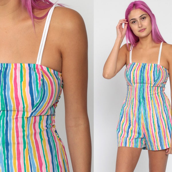 Rainbow Romper Playsuit 70s Cotton Striped Romper Smocked Onesie Woman White Retro 80s Vintage Shorts Summer Spaghetti Strap Extra Small xs