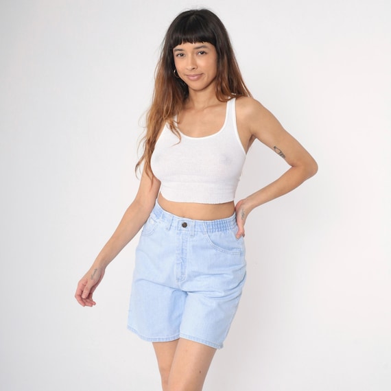 Vintage Lee Jean Shorts 90s Light Blue Denim Mom Shorts High Waisted Bottoms 1990s Retro Elastic Waist Smooth Back Small 6