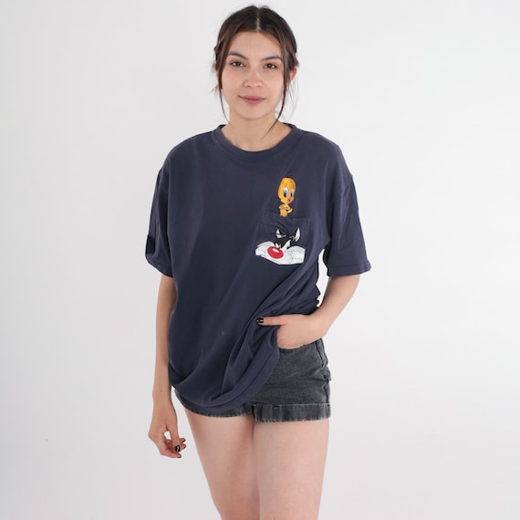Looney Tunes T-Shirt y2k Tweety Bird Sylvester the Cat Warner Bros Shirt Embroidered Pocket Tee Cartoon Tshirt Blue Vintage 00s Medium M
