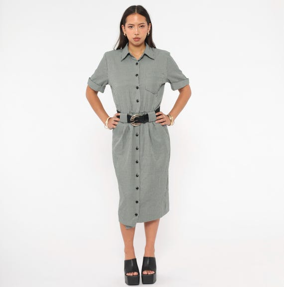 Houndstooth Shirt Dress 90s Midi Gingham Check Black White Belted Waist Pockets Pencil Skirt Office Academic Power Dressing Vintage Small S