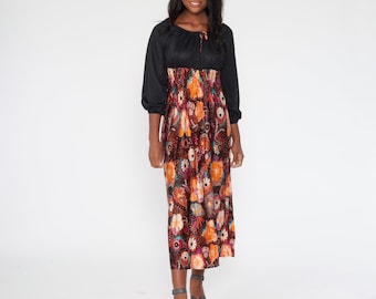 Psychedelisches Kleid Floral Maxi 70er Jahre Lang Bauernkleid Empire Taille Gesmokt Hippie Boho 1970er Jahre Lila Schwarz Orange Vintage Small Medium