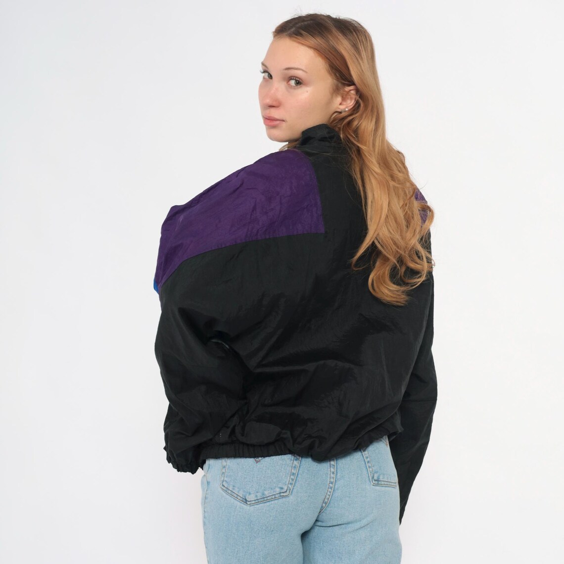 90s Colorblock Windbreaker Black Purple Blue Gray Geometric Zip up ...