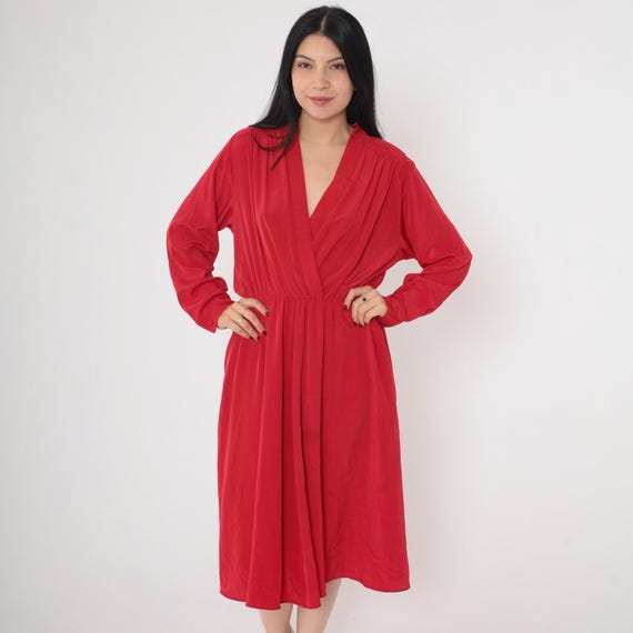 Vintage Red Wrap Dress 90s Midi Dress Deep V Neck Draped High Waist Long Sleeve Surplice Neckline Plain Retro Party 1990s Medium Petite
