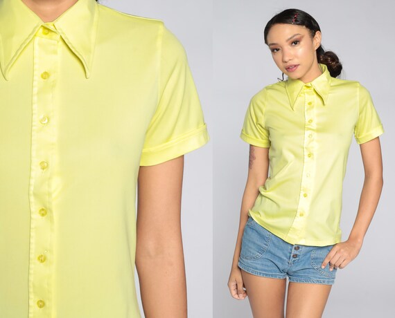 Yellow Button Up Shirt 70s Dagger Collar Blouse Preppy 1970s Shirt Disco Top Vintage Collared Plain Short Sleeve Blouse Small S