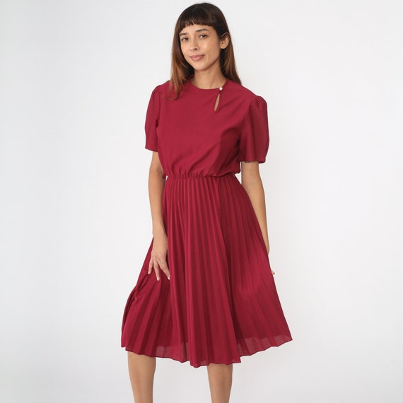 Burgundy Midi Dress 70s Pleated Keyhole Neck Dress Boho Party Short Puff Sleeve Dress 1970s Bohemian High Waist Grecian Vintage Small