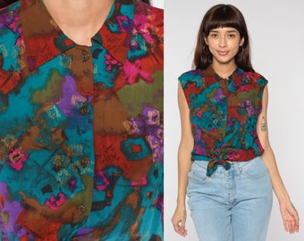 Tie Front Crop Top 90s Abstract Print Blouse Boho Retro Button Up Shirt Cap Sleeve Cropped Collared Top Hippie Vintage 1990s Rayon Medium M