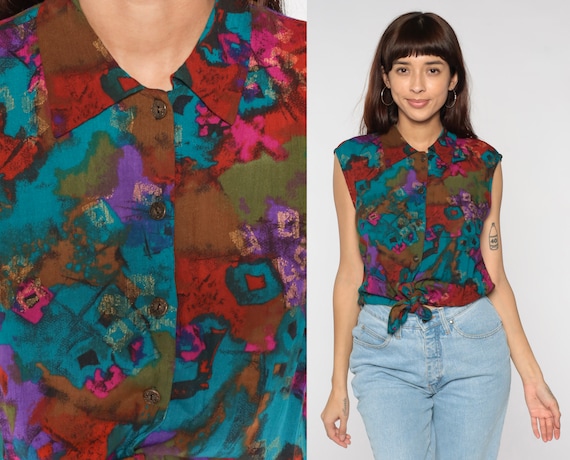 Tie Front Crop Top 90s Abstract Print Blouse Boho Retro Button Up Shirt Cap Sleeve Cropped Collared Top Hippie Vintage 1990s Rayon Medium M
