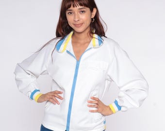 80s Track Jacket White Windbreaker Blue Yellow Striped Ribbing Full Zip Athletic Sporty Vintage Running Warmup Jacket Sportsmaster Small S