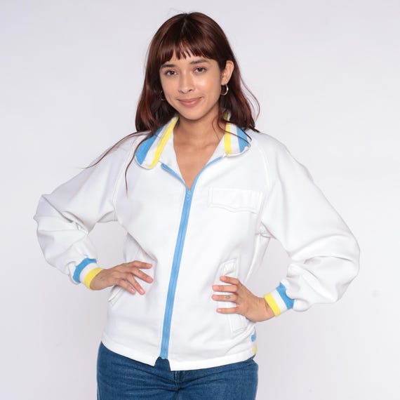 80s Track Jacket White Windbreaker Blue Yellow Striped Ribbing Full Zip Athletic Sporty Vintage Running Warmup Jacket Sportsmaster Small S