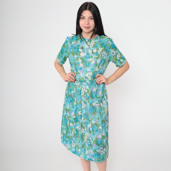 60s Floral Dress Mod Day Dress Vintage Blue Green Pleated Midi Skirt Mid Century Button Shoulder High Waist 1960s Short Sleeve Medium