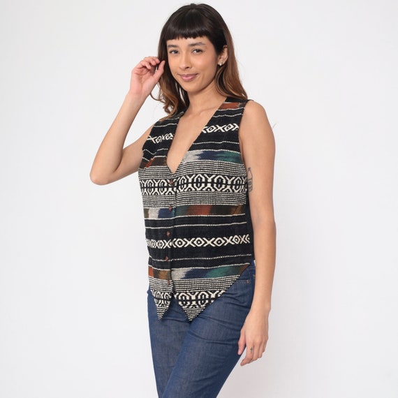 90s Southwest Vest 1990s Striped Southwestern Woven Western Ikat Vest Bohemian Hippie Aztec Black White Vintage Jacquard Festival Medium