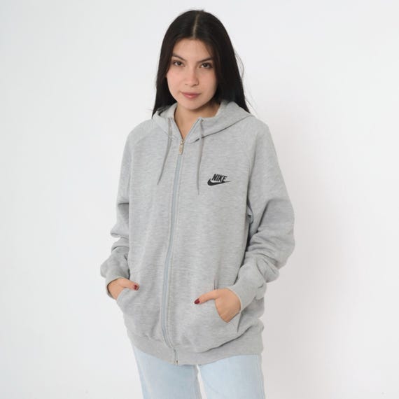 Vintage Nike Zip Hoodie 90s Gray Sweatshirt Embroidered Swoosh Logo Raglan Sleeve Full Zip Drawstring Hood 1990s Sportswear Large L