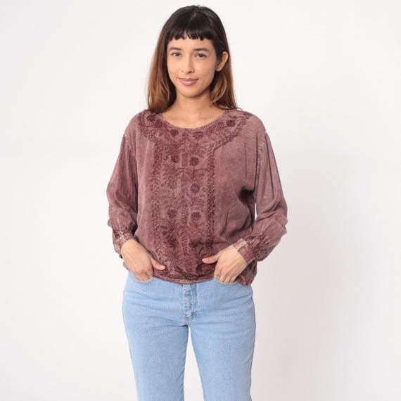 Mauve Floral Embroidered Blouse 90s Long Sleeve Lace Trim Vintage Top Floral Embroidery Folk Prairie Relaxed Fit Round Neck Cuffs Medium M