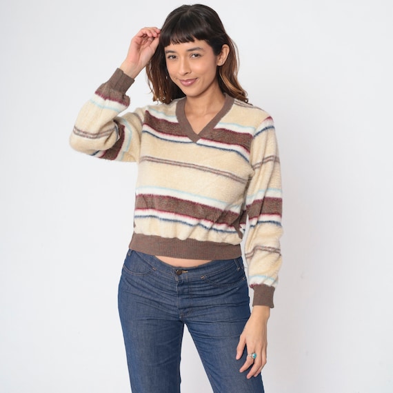 Striped Fleece Sweatshirt 70s Pullover Fuzzy Ringer Sweater Brown Cream Red Blue White V Neck Top Retro Seventies Fall Vintage 1970s Large L