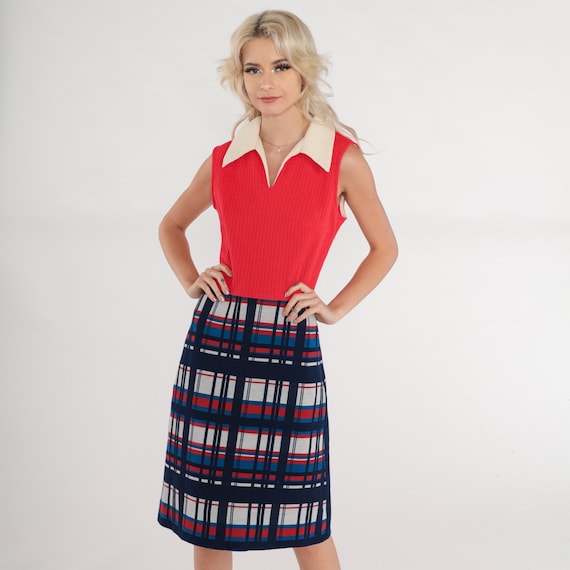 60s Dress Red Plaid Midi Dress Sleeveless Collared Shift High Waisted Wool Blend Academia Vintage 1960s Bleeker Street Small S