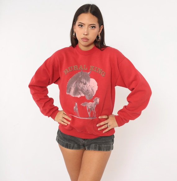 Y2K Horse Sweatshirt Red Rural King Graphic Crewneck Cotton Pullover Western Cowgirl Equestrian Ranch Long Sleeve Boxy Top Vintage Small S