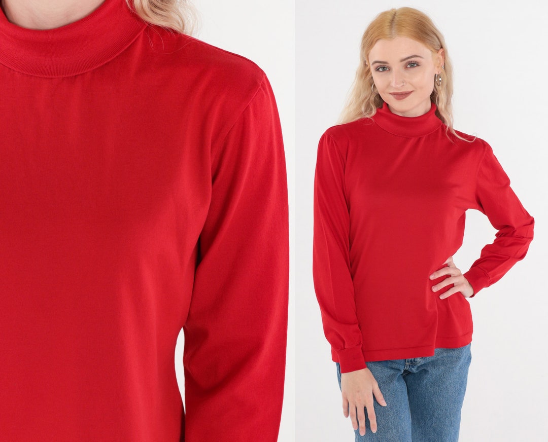Red Turtleneck Shirt 80s Long Sleeve Tshirt Pullover Top Funnel Retro