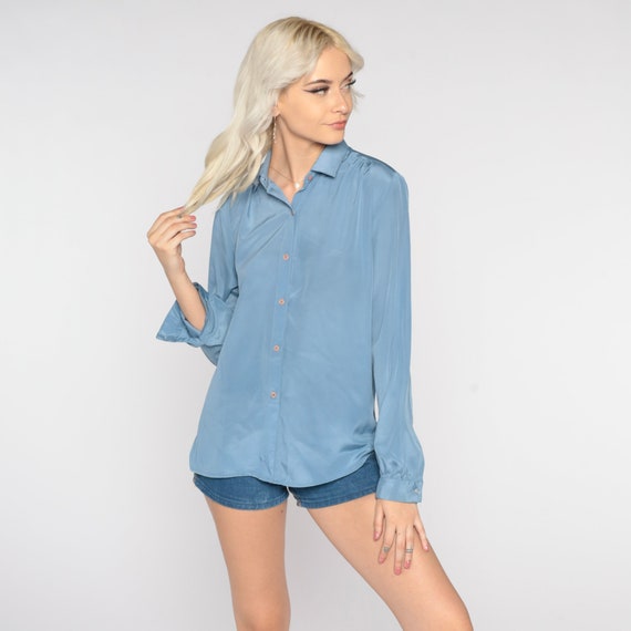 70s Blue Blouse Simple Button Up Shirt Shiny Collared Long Sleeve Top Retro Disco Shirt Boho Simple Chic Plain Vintage 1970s Medium Large