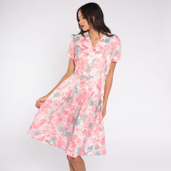 Pink Floral Dress 60s Mode O Day California Mint Turquoise Pastel Neckline Acetate Nylon Blend Summer Garden Party Lightweight Large L