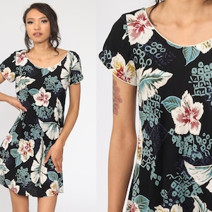 90s Floral Dress Black Hawaiian Tropical Mini Sundress Flower Print Summer Dress Boho 1990s Bohemian Vintage Shift Sleeveless Petite Small