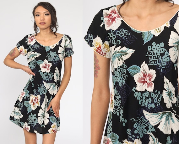 90s Floral Dress Black Hawaiian Tropical Mini Sundress Flower Print Summer Dress Boho 1990s Bohemian Vintage Shift Sleeveless Petite Small