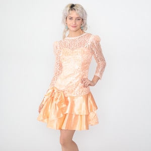 Vintage Satin Lace Prom Dress 80s Orange Party Dress Puff Sleeve Midi Sweetheart Neckline 1980s Formal Bridesmaid Tiered Ruffle Hem Small 4