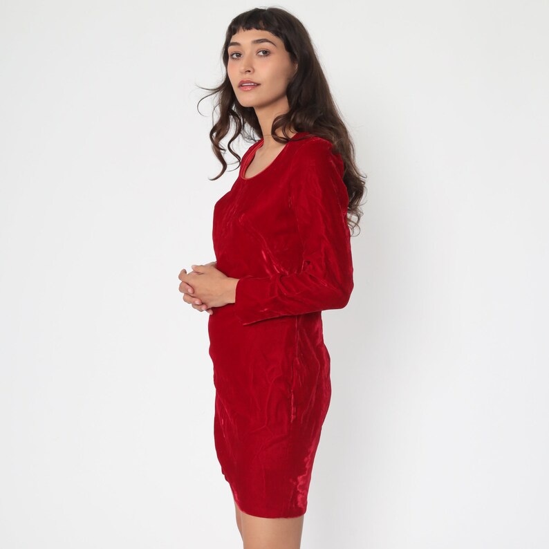 Velvet Mini Dress 60s Mod Party Red Vintage Cocktail Shift Long Sleeve 70s Gogo Formal Lolita Holiday MiniDress Small
