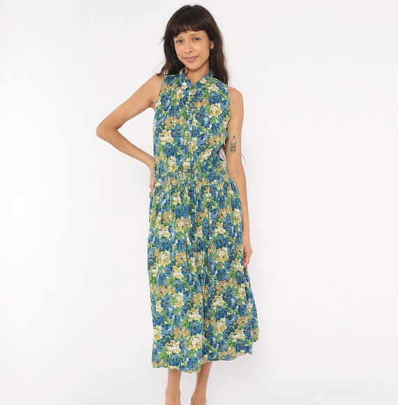 90s Floral Shirtdress Blue Rose Sleeveless Collared Cotton Garden Party Prairie Summer Cottagecore Green Yellow Penbrooke Lane Medium M