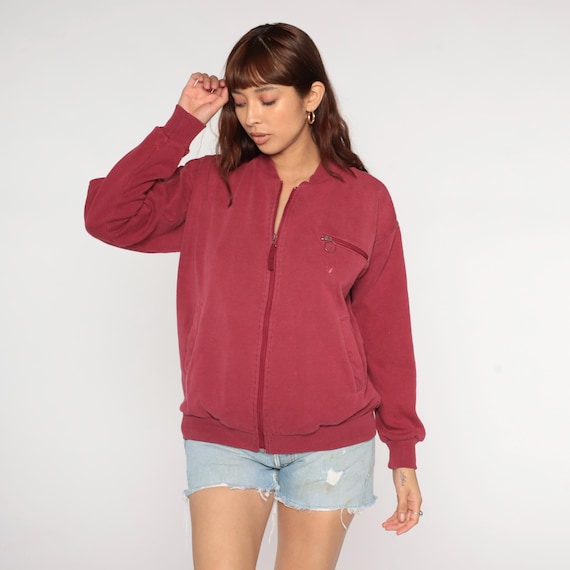 Burgundy Track Jacket 80s Wine Red Zip Up Sweatshirt Ribbed Cuffs Chest Pocket Medium Weight Athletic Vintage Outerwear Small Medium Large