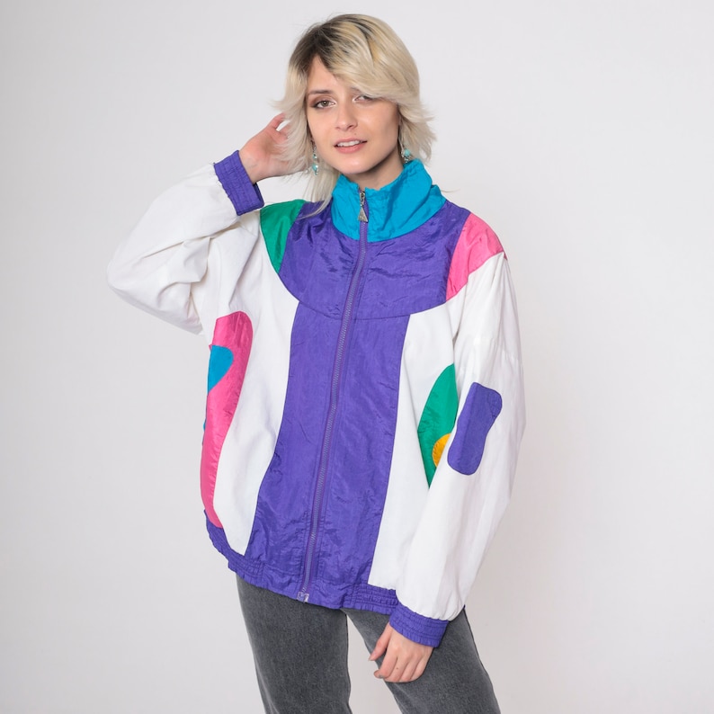 90s Windbreaker Jacket White Purple Color Block Jacket Geometric Print Vintage 1990s Zip Up Warmup Track Jacket Oversized Medium Petite image 3