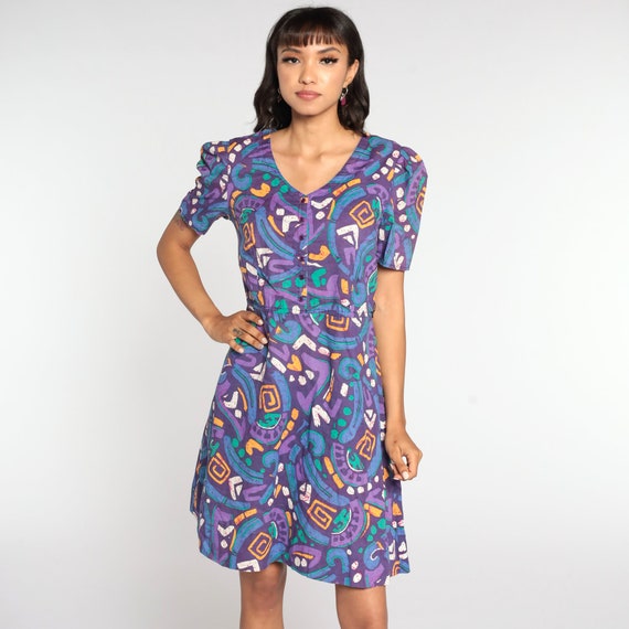 Geometric Mini Dress Purple Puff Sleeve Dress 80s Button Up Mini Dress Abstract Shirtdress High Waist 1980s Vintage Small Medium