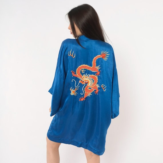 90s Golden Dragon Silk Kimono Robe Embroidered Blue Orange Open Front Short Sleeve Chinese Lounge Duster Jacket Sleepwear Vintage Medium M