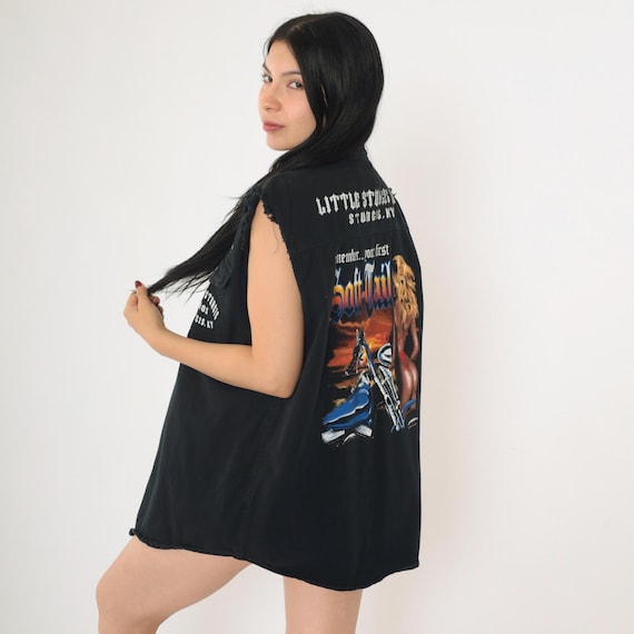Vintage Little Sturgis KY Shirt 00s Black Biker Babe Button Up Sleeveless Frayed Edge Cutoff Motorcycle Pinup Shirt Soft Tail Large