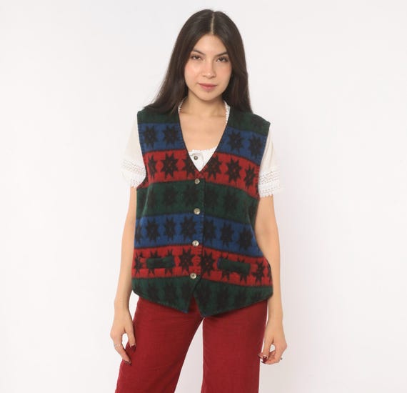 90s Southwestern Vest Star Pattern Striped Navy Burgundy Forest Green Black V Neck Erika Layering Top Western Bohemian Cowboy Medium M