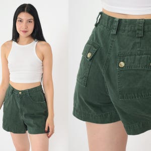 Vintage Dark Green Cargo Shorts 90s Cotton Twill High Waist Utility Pockets Hiking Granola Button Details Summer Casual 1990s Retro Small 3