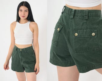 Vintage short vert foncé des années 90 en sergé de coton taille haute poches utilitaires randonnée granola bouton détails été décontracté des années 1990 rétro petit 3