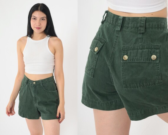 Vintage Dark Green Cargo Shorts 90s Cotton Twill High Waist Utility Pockets Hiking Granola Button Details Summer Casual 1990s Retro Small 3