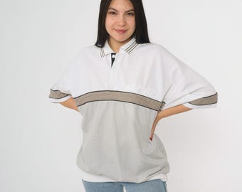 90s Puritan Polo Shirt White Taupe Black Striped Panel Short Sleeve Preppy Casual Golf Club Streetwear Top Vintage Large L