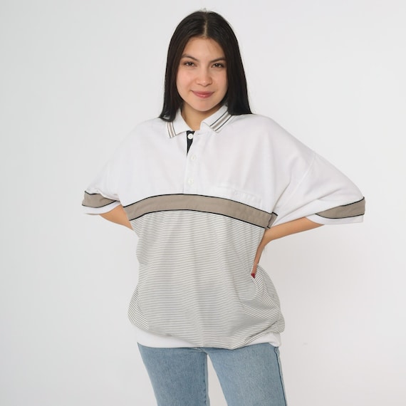 90s Puritan Polo Shirt White Taupe Black Striped Panel Short Sleeve Preppy Casual Golf Club Streetwear Top Vintage Large L