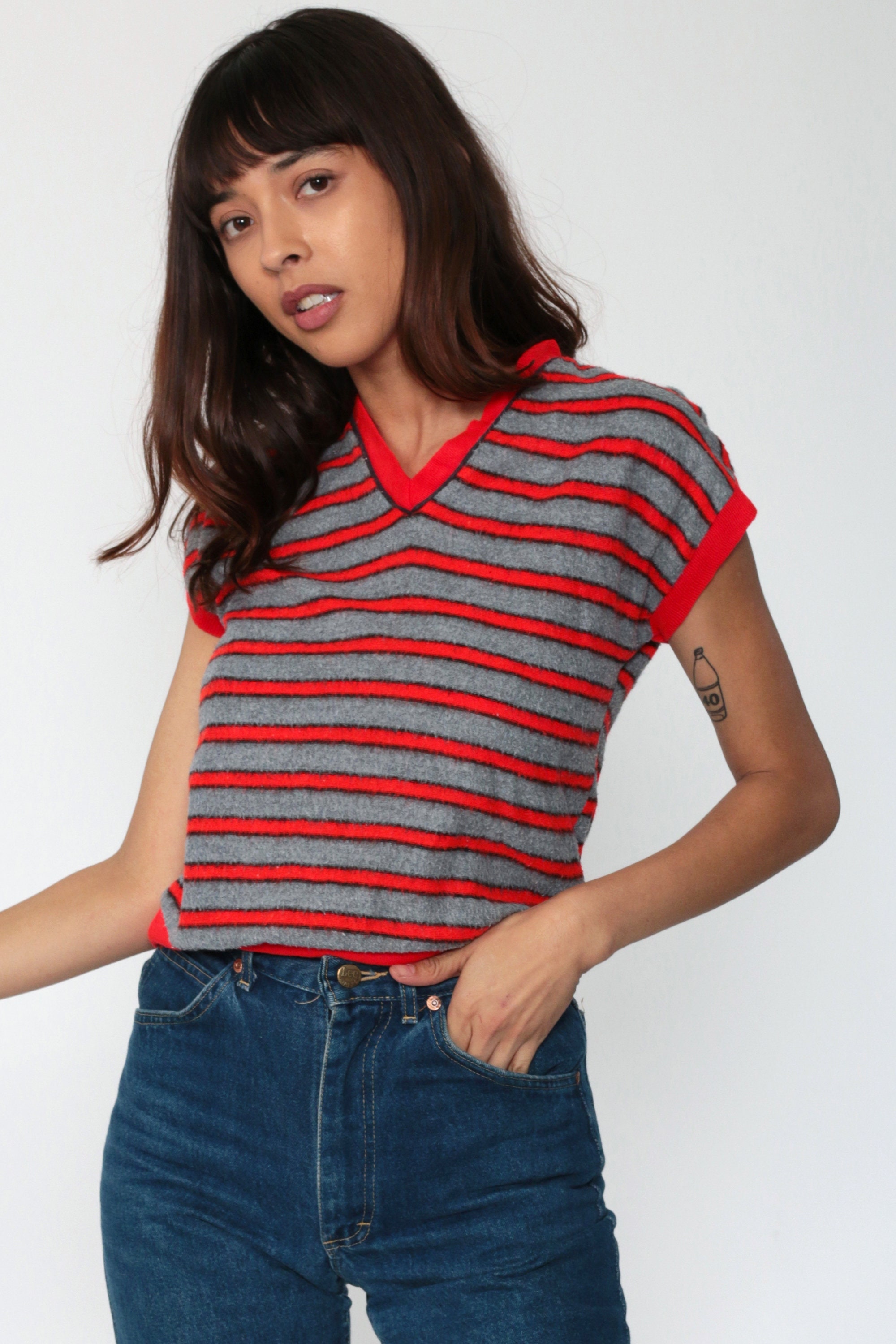 70s Striped Fleece Shirt V Neck Top Red Grey CAP Sleeve 80s Tank Top ...