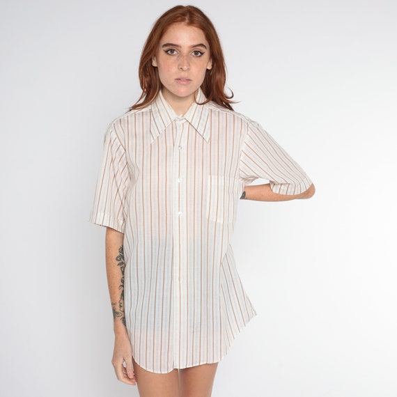 70s Striped Shirt Semi-Sheer Button Up White Brown Stripes Pointed Collar Top Retro Disco Top Short Sleeve Vintage 1970s Men's 15 Medium M