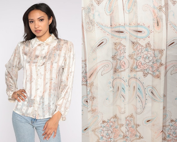 Striped Paisley Shirt 80s Sheer Button Up Shirt Print Blouse Long Sleeve Collared Top Hippie Boho Cream Tan 1980s Vintage Bohemian Small S