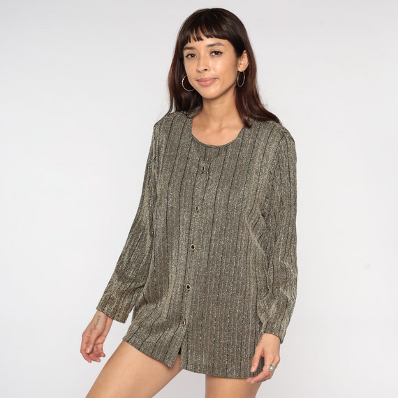 80s Cardigan Set Attached Shirt Sparkly Bronze Blouse Long Sleeve Button Up Metallic Layered Top Retro Formal Party Vintage Boho 1980s Large