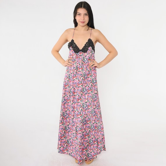 Vintage Floral Nightgown Lingerie Black Lace Slip Dress 80s Maxi Nylon V Neck Criss-Cross Spaghetti Strap Low Back 1980s Large L