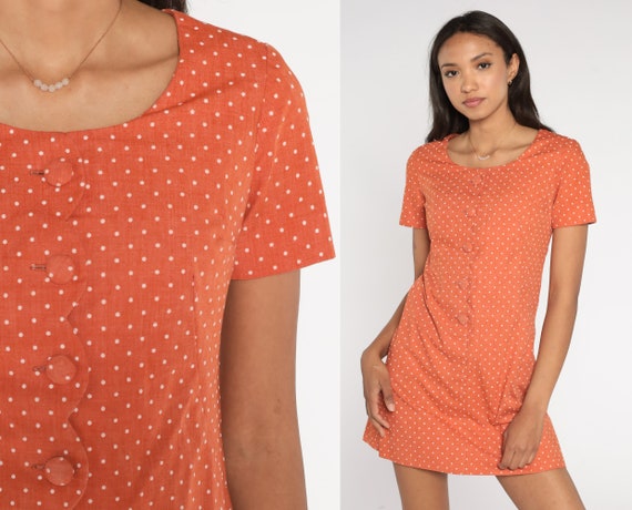 Orange Polka Dot Dress Mod Mini Dress 60s 70s Twiggy Button Up Shift Short Sleeve 1960s Vintage Retro Minidress Extra Small xs