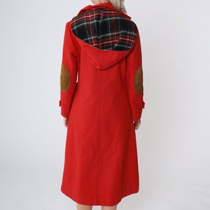 Red Hooded Coat 70s Wool Peacoat Toggle Button up Trench Pea Coat Long Jacket Warm Winter Trenchcoat Hood Elbow Patches Vintage 1970s Small image 7